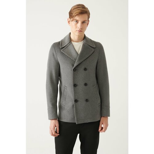Avva Men's Anthracite Double Breasted Collar Woolen Cachet Comfort Fit Relaxed Cut Coat Slike