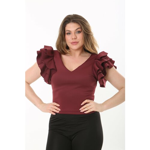 Şans women's plus size burgundy flounce sleeve back hidden zipper blouse Slike