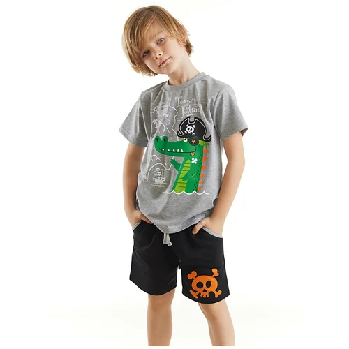 Denokids Pirate Alligator Boys Gray T-shirt and Black Shorts Set