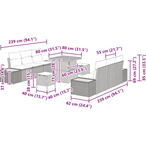 VidaXL 9-dijelni set vrtnih sofa s jastučićima crni poli ratan akacija Slike