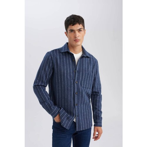 Defacto Men's Navy Blue Regular Fit Regular Cut Polo Collar Striped Lumberjack Long Sleeve Shirt Slike