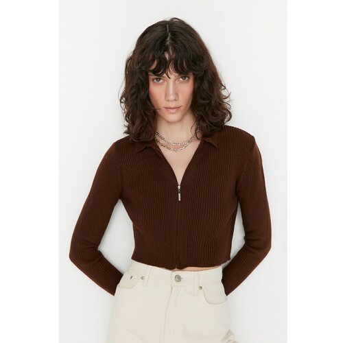 Trendyol Brown Crop Zippered Knitwear Cardigan Slike