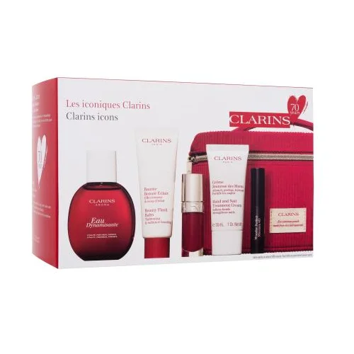 Clarins Aroma Eau Dynamisante set: negovalna dišeča vodica 50 ml + krema za obraz Beauty Flash Balm 50 ml + olje za ustnice Lip Comfort Oil 7 ml 03 Cherry + krema za roke Hand And Nail Treatment Cream 30 ml + maskara Wonder Perfect Mascara 4D 3 ml 01 Perfect Black + kozmetična torbica unisex