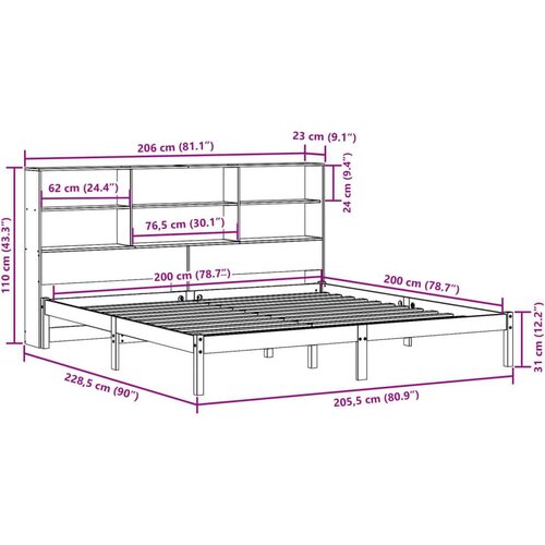 VidaXL Krevet s regalom za knjige bez madraca 200x200 cm od borovine Slike