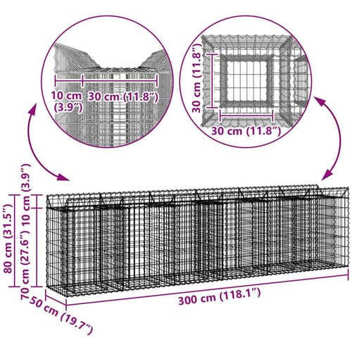  Gabionski uzdignuti krevet 2 pcs Srebrno 300 x 50 x 80 cm Slike