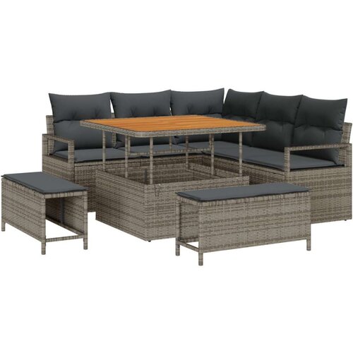  8-dijelni vrtni sofa set s jastučićima siva poli ratan akacija 2-sjedala vrtni sofa s pohranom i jastučićima siva poli ratan V Slike