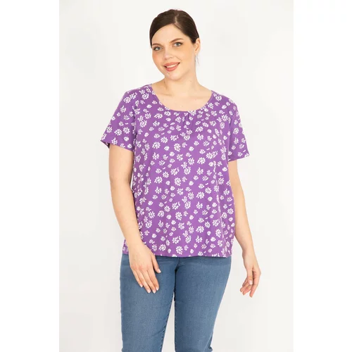 Şans Women's Lilac Plus Size Cotton Fabric Short Sleeve Patterned Blouse