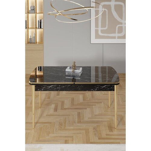 Hanah home trpezarijski sto na razvlačenje Rada, 132 &times; 80 cm (razvučen 170 cm), ploča u dekoru crnog mermera, zlatne noge Cene