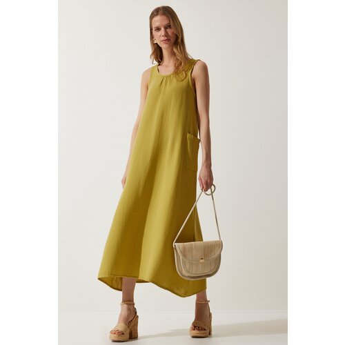 Women's Oil Green Wide Pocketed Summer Muslin Dress Slike