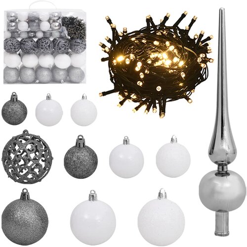 vidaXL 120-dijelni set božićnih kuglica s vrhom 300 LED bijelo-sivi Cijene