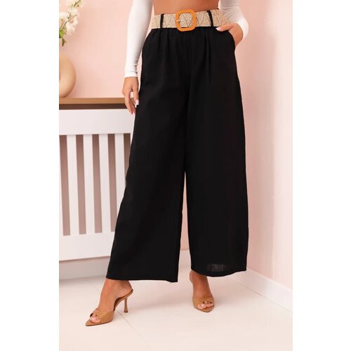 Kesi Włoski Women&amp;#039;s linen trousers with wide legs and a belt black Slike