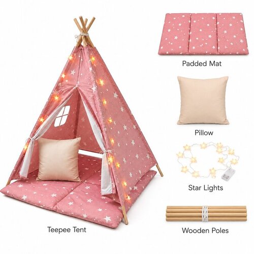 Ginger Home Dečiji pamučni &scaron;ator little stars, roze sa zvezdama, 100% pamuk, sa mekom podlogom za punjenje, jastukom i led svetlima ( JW- Cene