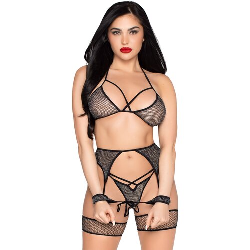 Leg Avenue Net Bra Top, String & Harness Set 89362 Black-Silver Cene