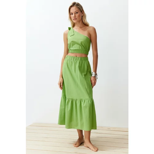 Trendyol Green Woven One-Shoulder Blouse and Skirt Suit