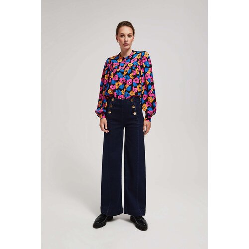 Marisse Wide Leg Jeans With Decorative Buttons, Navy Blue Slike