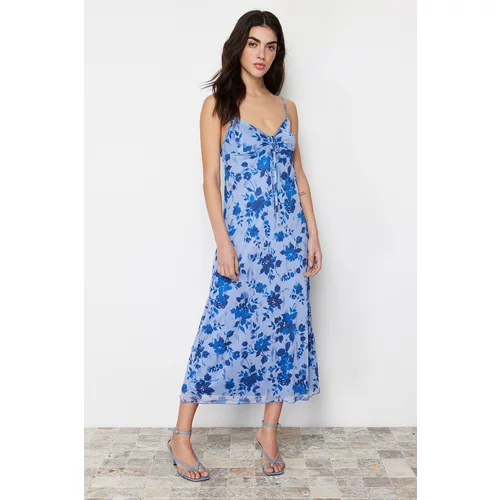 Trendyol Blue Printed Maxi Length Heart Neck Knitted Maxi Dress
