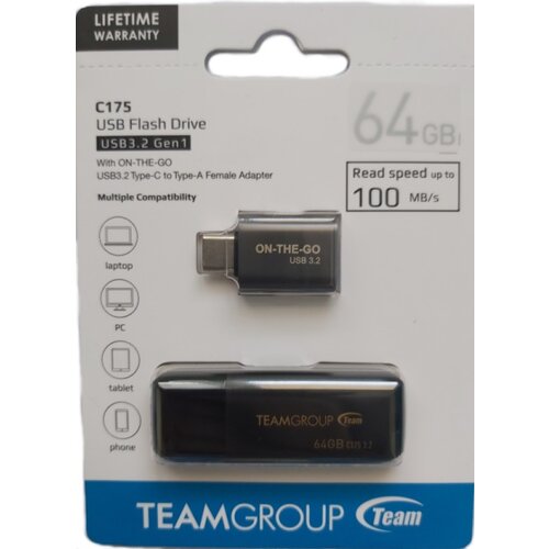 Team Group TeamGroup tc175364gb26 64gb c175 usb 3.2 black with type c adapter Cene