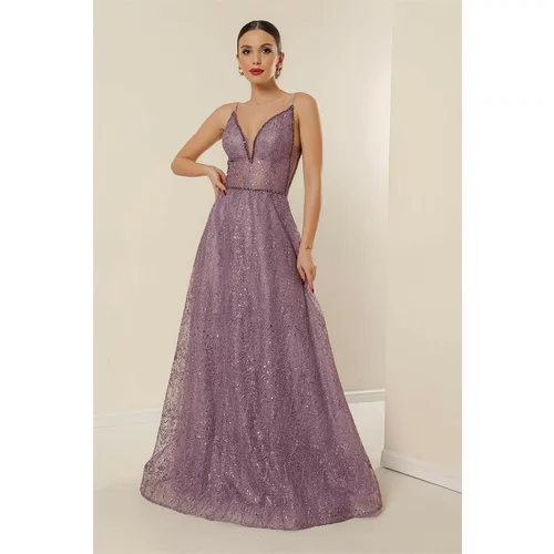 By Saygı Lined with Rope Straps, Sequin Long Dress with Beading Detailed and Embroidered Lilac
