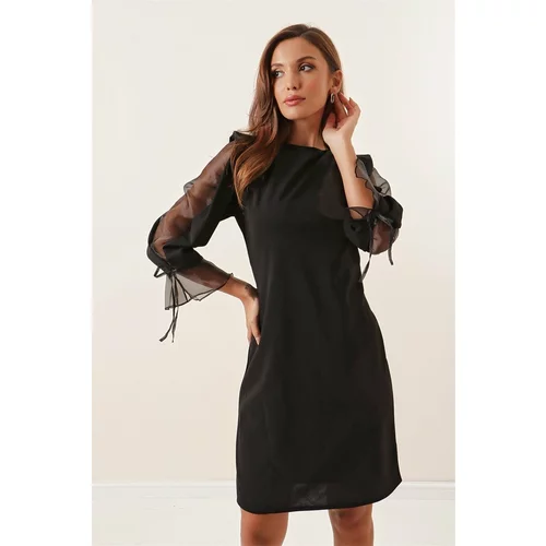By Saygı Lycra Dress with Semi-Organized Lined Sleeves Black
