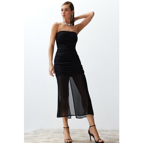 Trendyol Black Fitted Tulle Knitted Dress Slike