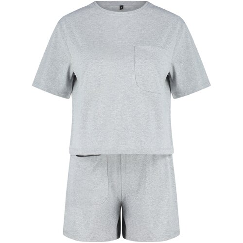 Trendyol Gray Cotton Pocket Detailed Knitted Pajamas Set Slike