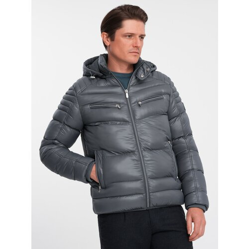 Ombre Men's quilted winter jacket with decorative zippers - graphite Slike