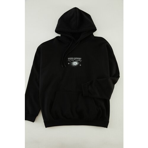 Trendyol Black Oversize/Wide-Cut Hoodie with Fleece Inner Space Back Print Sweatshirt. Cene