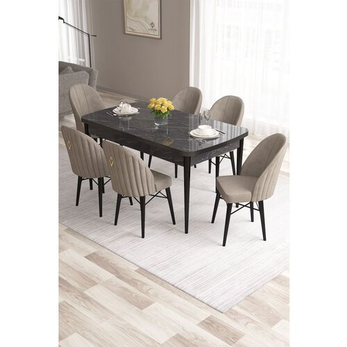 Hanah home Roz - Black Marble, Cappuccino Black MarbleCappuccino Extendable Dining Table & Chairs Set (7 Pieces) Cene