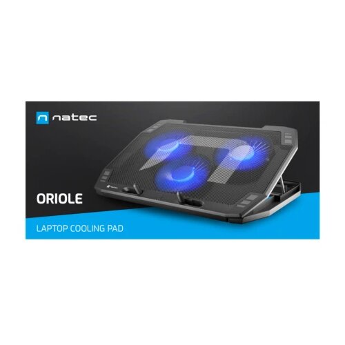 Natec NPL-1926 ORIOLE, Notebook Cooling Stand 17.3", 3x 12cm Fan, Fan Speed Control, Adjustable Tilt, LED Backlight, 2 USB Ports, Black Cene
