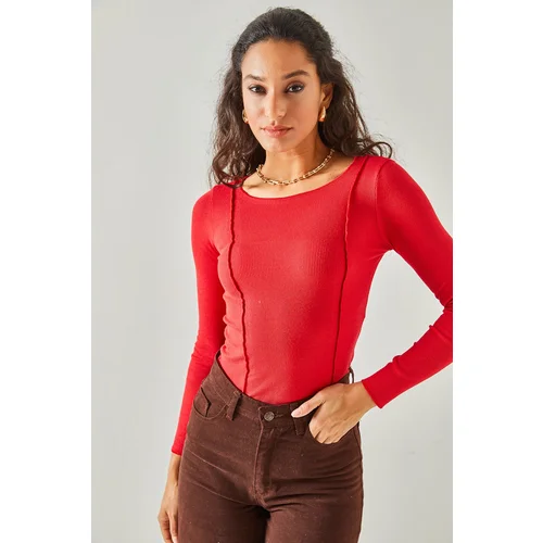 Olalook Women's Red Stitch Detail Crop Lycra Blouse