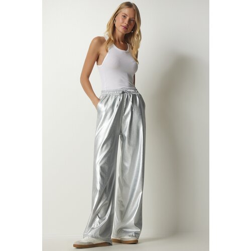  Women&amp;#039;s Metallic Gray Palazzo Pants with Pockets Shiny Slike