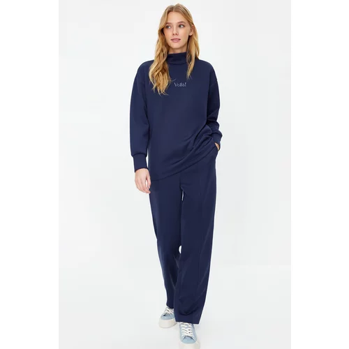 Trendyol Navy Blue Embroidery Written Diver/Scuba Knitted Tracksuit Set