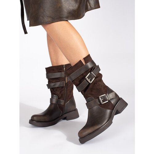 Shelvt Brown women&amp;#039;s low-heeled ankle boots with buckles Slike
