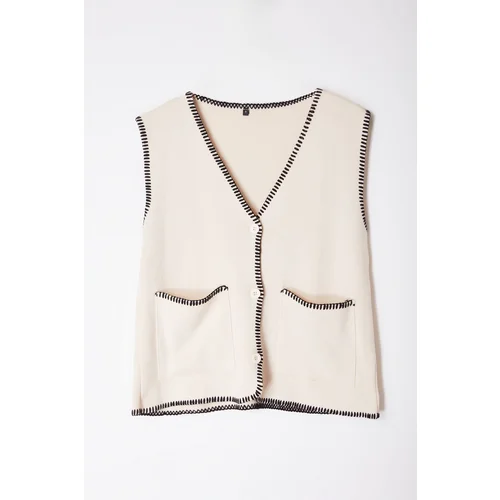 Trendyol Ecru Regular V Neck Color Block Vest