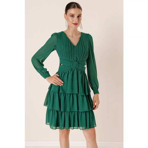 By Saygı Chiffon Glop Waist And Decollete Decollete Tiered Dress Emerald