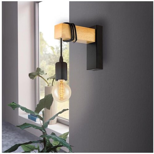 Eglo Townshend zidna lampa E27, 21,5 cm, crna/drvo, 32917 Slike