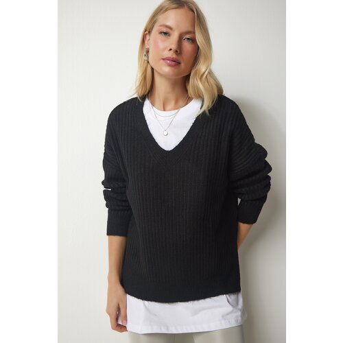 Women's Black V-Neck Textured Knitwear Sweater Slike