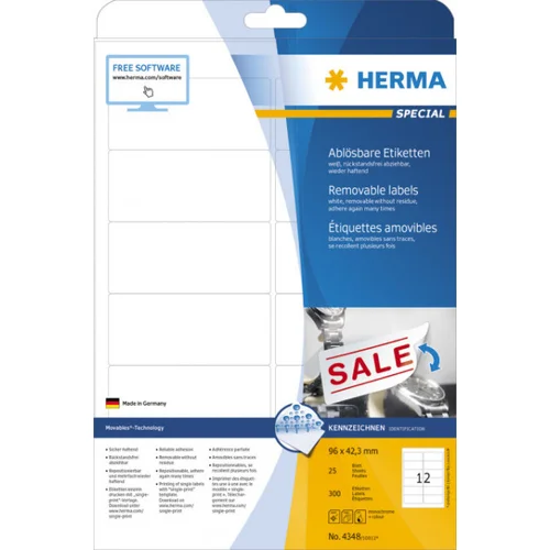 Herma Removable Labels 96X42,3 25 Sheets DIN A4 300 pcs. 4348