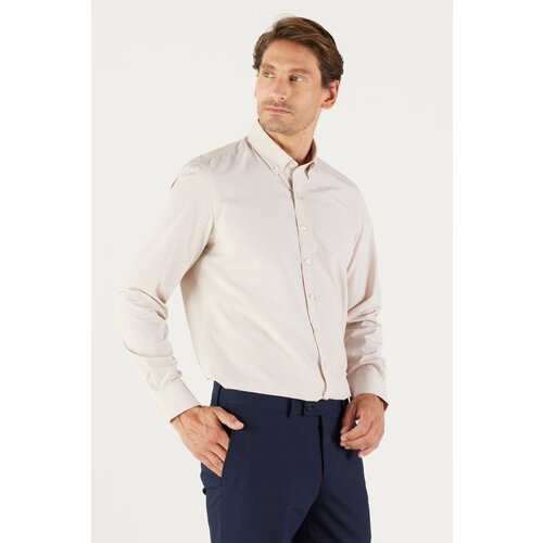 AC&Co / Altınyıldız Classics Men's Beige Slim Fit Slim-fit Oxford Buttoned Collar Gingham Cotton Shirt Slike