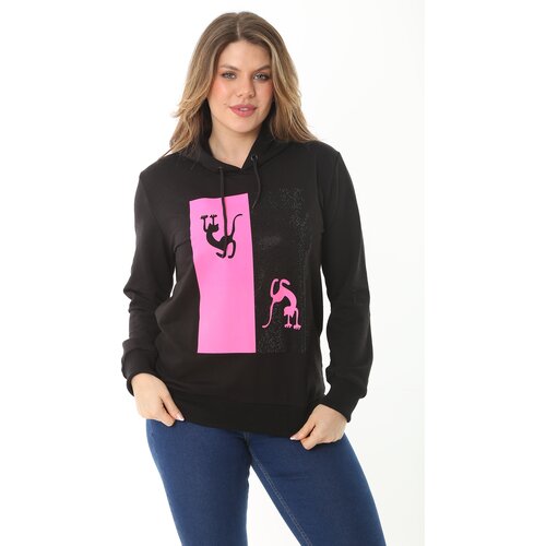 Şans Women's Plus Size Pink Stone And Print Detail Hooded Sweatshirt Slike
