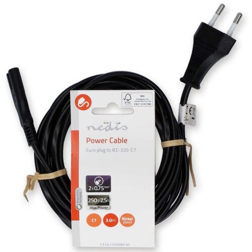 Nedis CEGL11040BK30 Kabl za napajanje, Euro mu&amp;scaron;ki, IEC-320-C7, Niklovani, 3m detelina kabl Slike