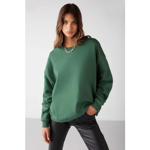 Grimelange Susana Women's Crew Neck With Fleece Inside Oversize Fit Basic Green Sweatshir