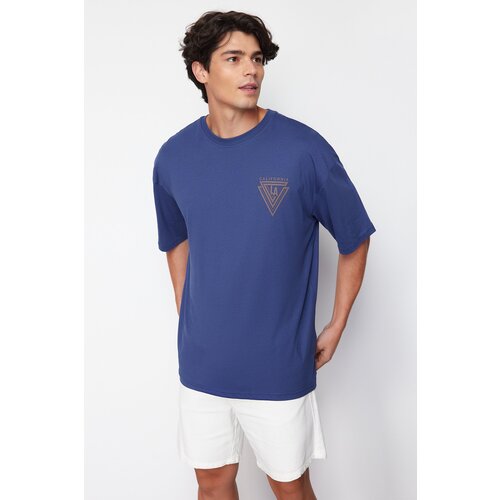 Trendyol Navy Blue Oversize/Wide Cut Crew Neck City Printed 100% Cotton T-Shirt Slike
