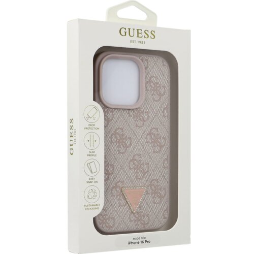 Guess Maska Guess Leather 4G Triangle Strass MagSafe za iPhone 16 Pro pink Slike