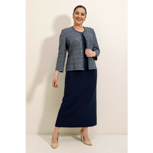 By Saygı collar stone lined crepe long dress sequined jacket plus size double suit navy blue Slike