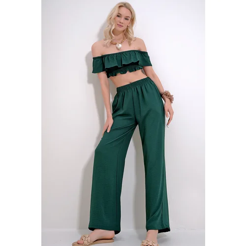 Trend Alaçatı Stili Women's Emerald Green Madonna Collar Crop Blouse And Palazzo Pants Bottom Top Set