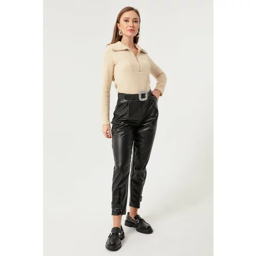 Lafaba Women's Black Leather Pants with Snap fastener