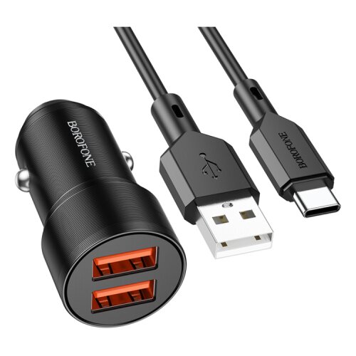 Borofone Auto Punjač sa kablom 1m USB to Type-C BZ19 Wisdom dual port 2xUSB car set black Slike