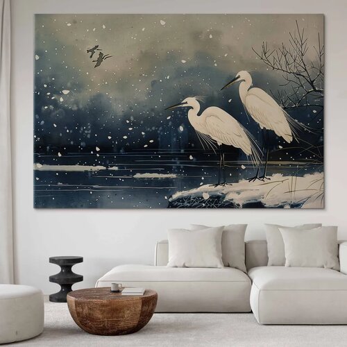  XXL slika - Herons over a winter pond - Japanese-style illustration in dark colours 140x93 Slike