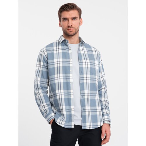 Ombre Classic men's flannel cotton plaid shirt - blue and cream Slike